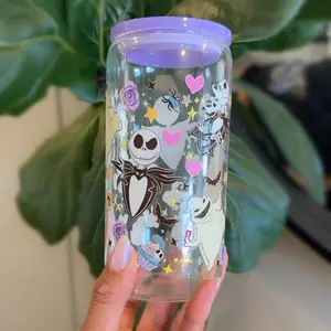 Nightmare Before Christmas 16oz Glass Can | Purple Acrylic Lid Drinkware Cup