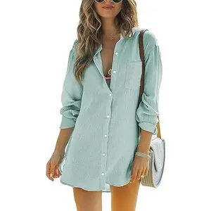Danedvi Womens Beach Cover Up Button Down Shirts Summer Cotton Gauze Tops Long Sleeve Bikini Swimsuit streetwear  women Shorts Fit
