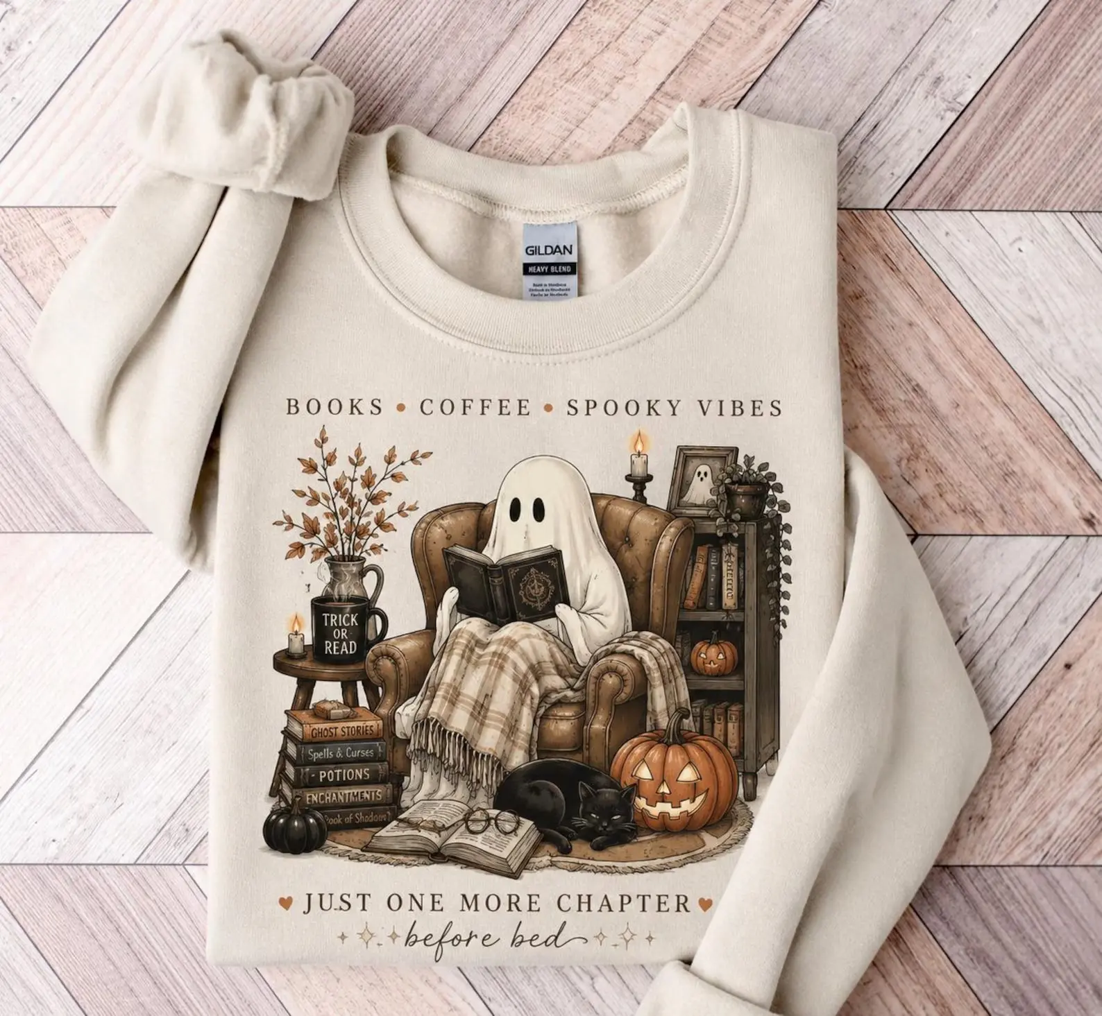 Cozy Ghost Reading Gildan Sweatshirt or T-Shirt, Book Lover Coffee Spooky Vibes Shirt, Cute Halloween Reader Fall Graphic Tee