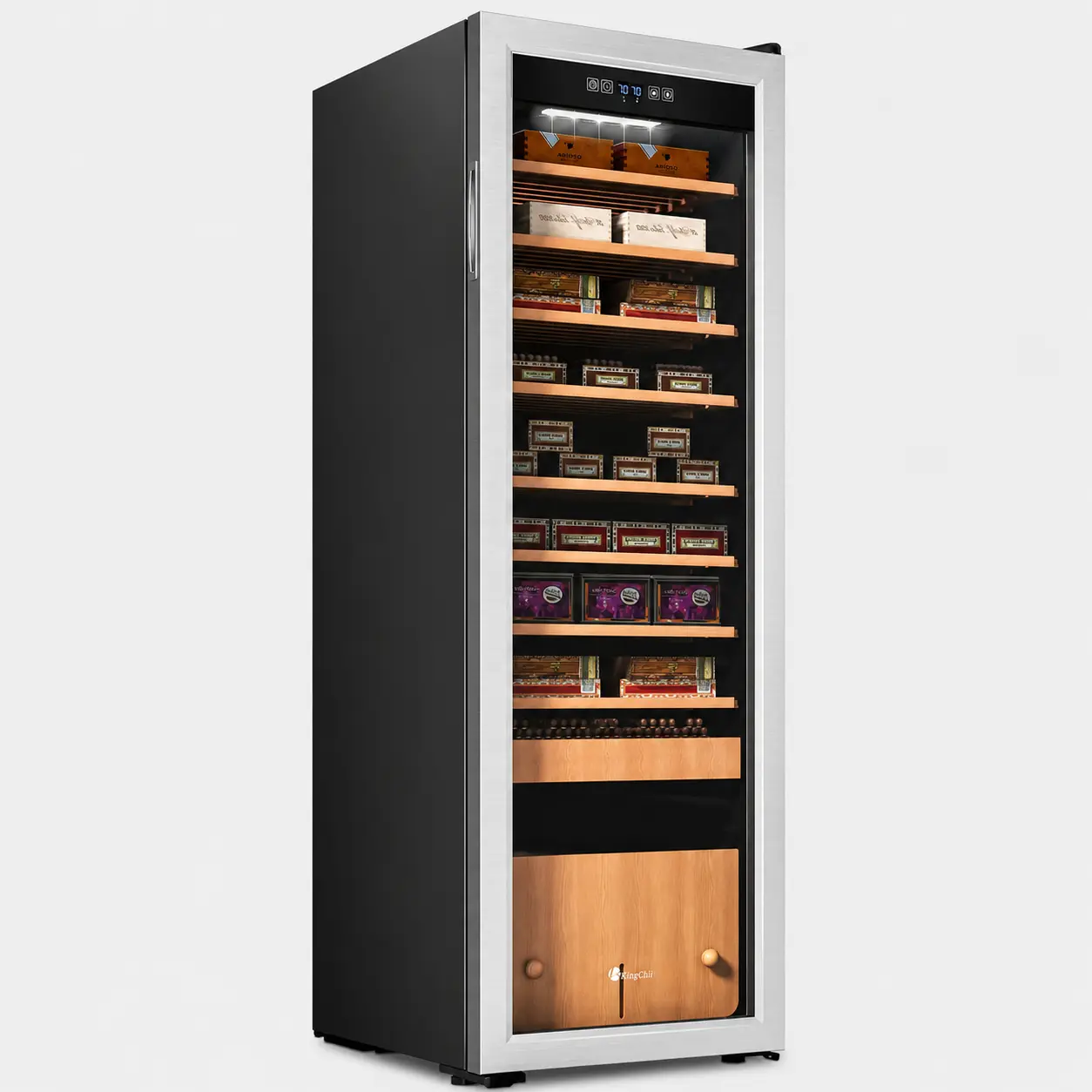 KingChii 130L Premium Storage Cabinet - 1100 Capacity, Spanish Cedar Shelves, Drawer, Built-in Hygrometer, Temp Control, Heating-Cooling, Air Circulating Fan, Natural Aroma, Hot Film Tempered Glass Door, Living Room, Wine Cellar Modern Kitchen Hutch Frees
