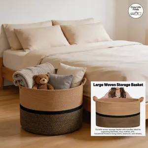 XXL Extra Large Cotton Rope Woven Basket, Throw Blanket Storage Basket with Handles, Decorative Clothes Hamper - 22" x 22" x 14", Brown&Black