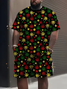 Men's Rasta Style Star Print Fitted T-Shirt Shorts Set, Polyester Fiber, Summer Sports, Party Travel Gift