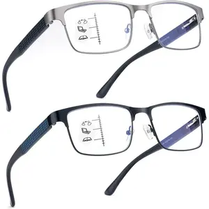 2 Pack Refined Progressive Multifocus Reading Glasses Men Blue Light Blocking Readers Metal Frame Spring Hinge