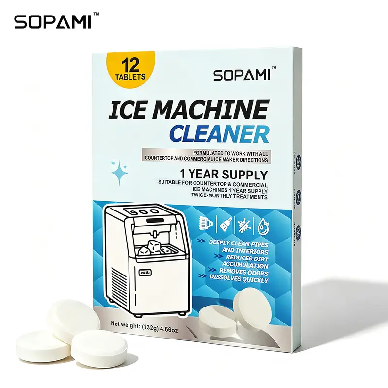 SOPAMI Ice Machine Cleaning Tablets - 12-Piece Descaling Solution for Maintenance, Odor & Stale Smell Remover, Gentle on Stainless Steel, Safe Kitchen Cleaners for Countertop & Commercial Units