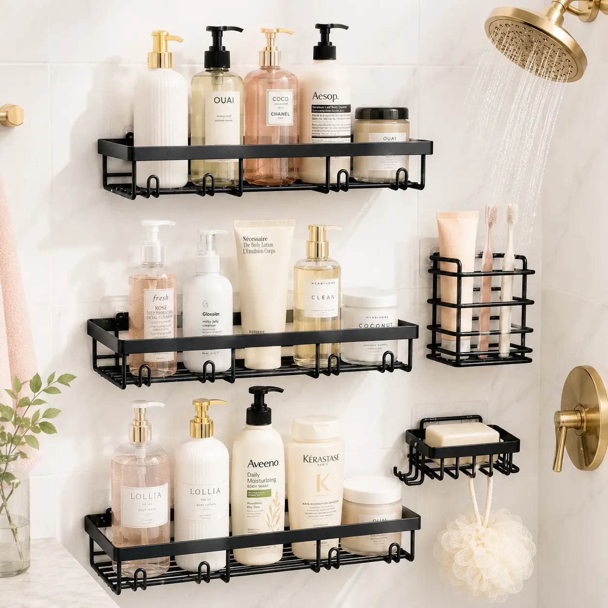 【DealsForYouDays】5-Pack Shower Caddy Set, Advanced Rustproof Wall Mount Shower Organizer, No-Drilling Adhesive Shelves with Soap Holder, Large-Capacity Functional Decor for Bathroom & Kitchen