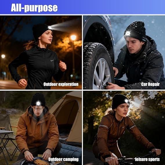 Bluetooth Beanie with a Light, Unisex USB Rechargeable 4 LED Fashlight Hat with Cordless Headphones, Unique Christmas Birthday Gifts for Men Him Husband Teen Black