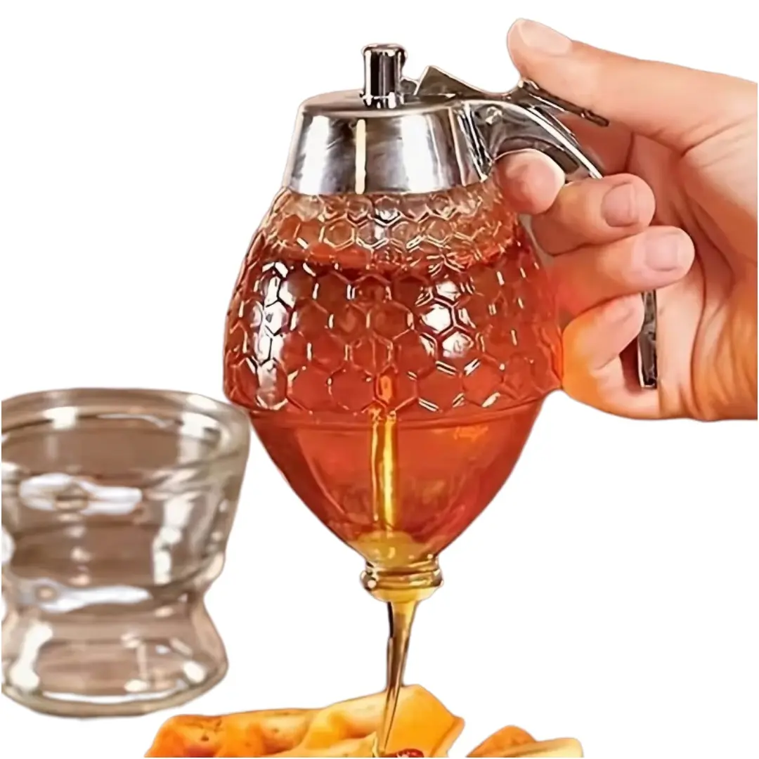 Plastic!!! Reusable honey dispenser with metal nozzle and storage rack | Food safe, hand wash only, no electricity required | Exquisite kitchenware, transparent material, stylish honeycomb pattern, perfect Easter and spring/summer gift.