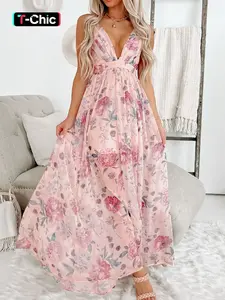 Elegant Feminine Floral Formal Ruched Backless Dress, Summer Women's Sleeveless High Waist Long Gown, Wedding Party Bridesmaid Dress