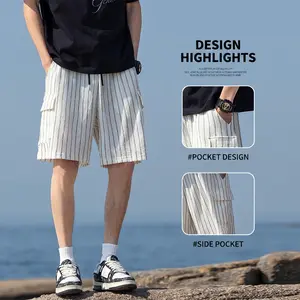 Men’s summer lightweight casual cargo shorts, mid-length, large pockets, drawstring tie, striped design, suitable for everyday wear and vacations