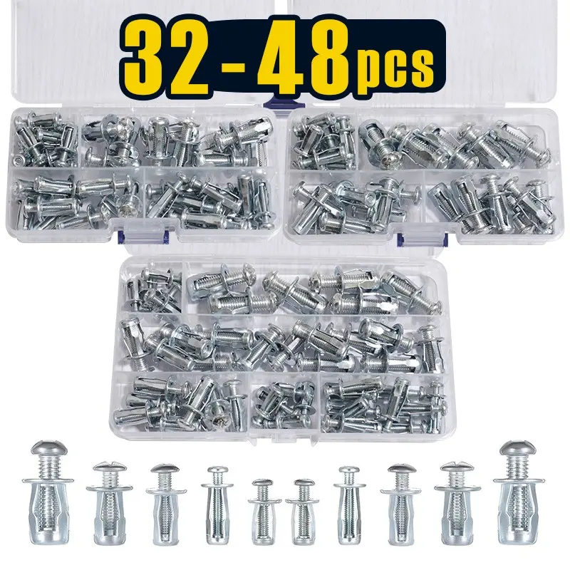 32-48PCS Jack Nuts Petal Nuts, Expansion Screw Petal Nut M4,M5,M6,M8, Thins Fixings Dowels with Screws for Tin, Billboard, Cardboard, Aluminium Alloy