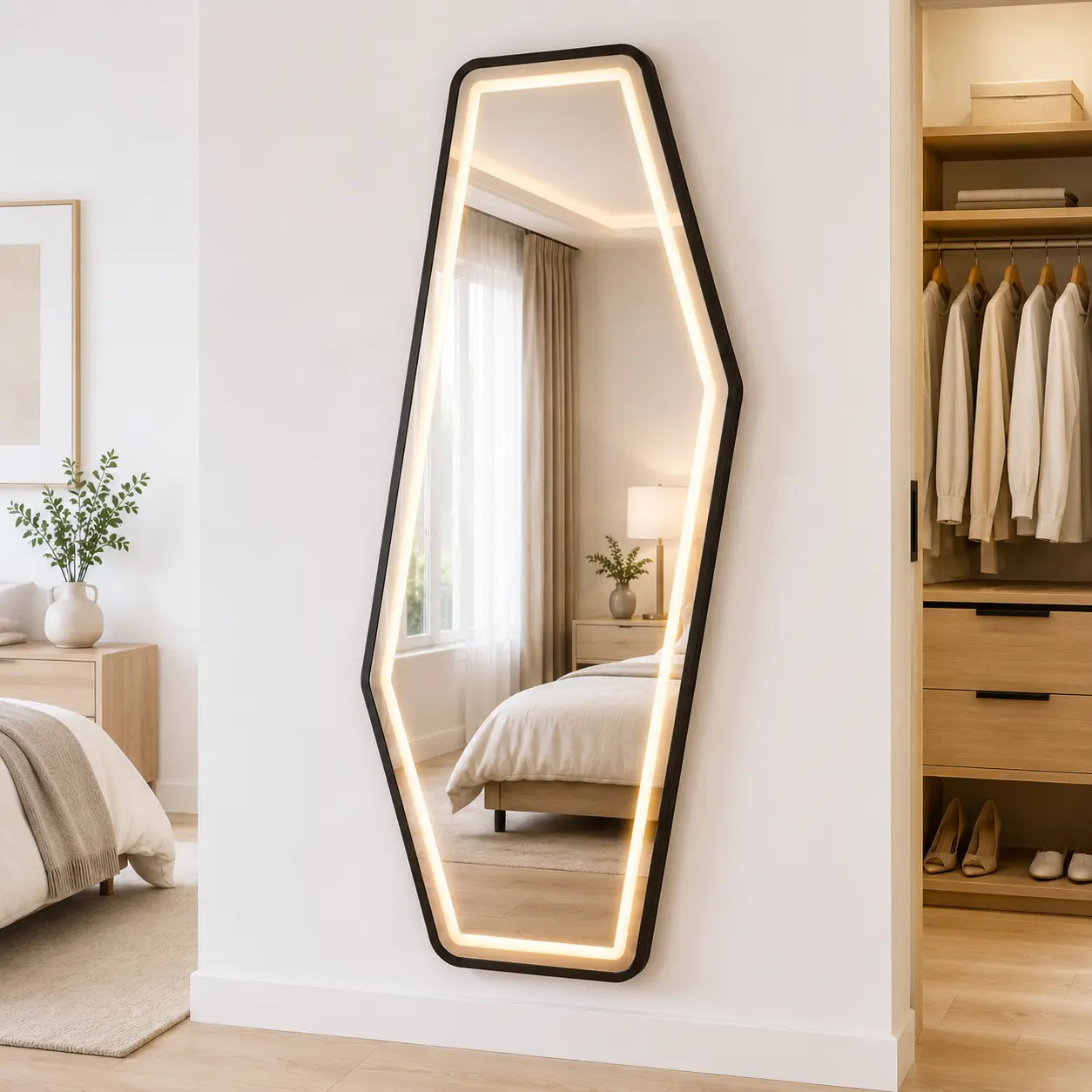 65" x 25" Irregular Geometric LED Full Length Wall Mirror, Tempered Glass Polygon Shape Full Body Dressing Mirror with 3 Color Lighting, Touch Control Dimmable Lighted Mirror for Bedroom Closet Entryway