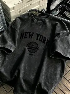 American Men's Vintage Style Fashion New York Print T-Shirt, Washed Fabric, Loose Fit, Summer Casual Top, Streetwear, Menswear, Short Sleeves