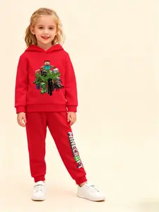 Hunter Girl Print Hoodie Set, Soft Fleece Lining, Casual Fit, Cartoon Pattern, Fall & Winter Wear, Comfortable Sweatshirt, Toddler