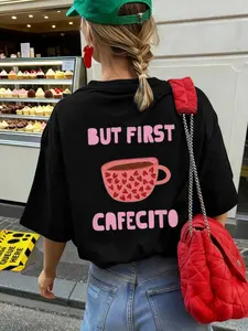 Women's Loose Fit Round Neck T-Shirt, Coffee Cup Graphic Print, Breathable Sweat-Wicking, Casual Basic Tees Streetwear Summer Fashion Top, Daily Commute Everyday Wear