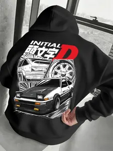 Autumn Winter Men's Racing Print Hooded Sweatshirt, Classic Hooded Style, Casual, Simple and Practical, Relaxed Fit for All Body Types, Graphic Hoodies