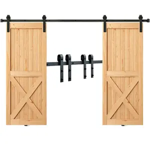 VEVOR 8FT Sliding Barn Door Hardware Kit,  330LBS Heavy Duty Barn Door Track Kit for Double Doors, Fit 3.7-4.3FT Total Wide and 1.3"-1.8" Thick 2 Door Panel, with Smooth & Silent Pulley (J Shape)