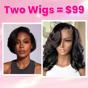 【 Clearance Quote】2 WIgs Only  $99 - Pre Styled Body Wave Wig+ Pixie Cut Ready to Go Pre-Styled Human Hair Affordable Glueless Human Hair Wig 13x4x1 Lace Front Side Part Lace Front Wigs with Side Fringe Swept Bangs