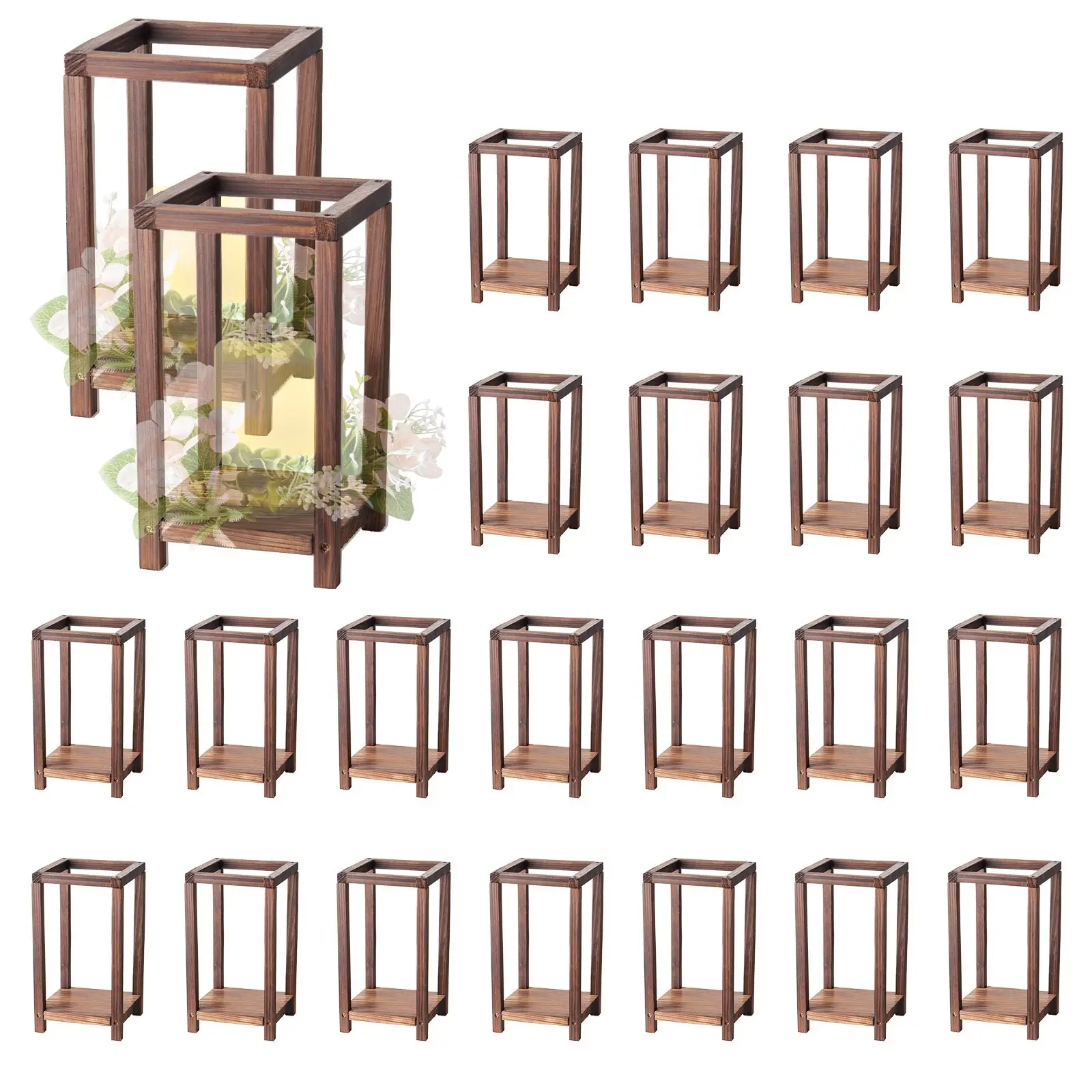 24-Pack Wooden Wedding Lanterns With Cedar Wood And Plastic Lantern Candle Holders, Rustic Decorative Centerpiece For Wedding Tables, Party Farmhouse Indoor Decor, Perfect For Receptions And Seasonal Decor, Brown
