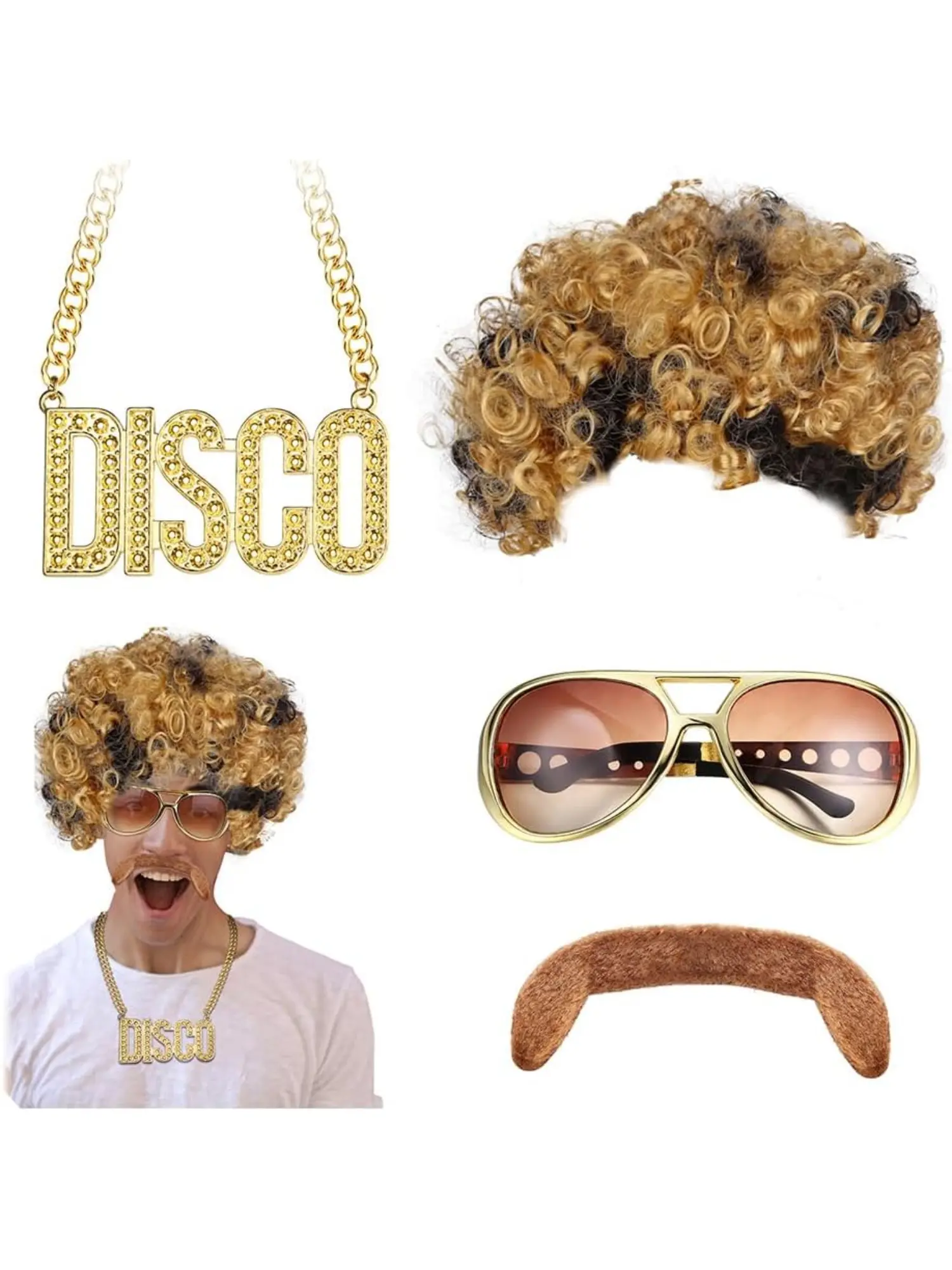 4 Pieces Hippie Wigs Costume Accessories Set Hippie Wig Men Gold Disco  Dollar Chain Necklace Sunglasses Mustache Ring 60s 70s 80s Fancy Dress  Hippie Costume Disco Themed Party Party Costume Accessory -
