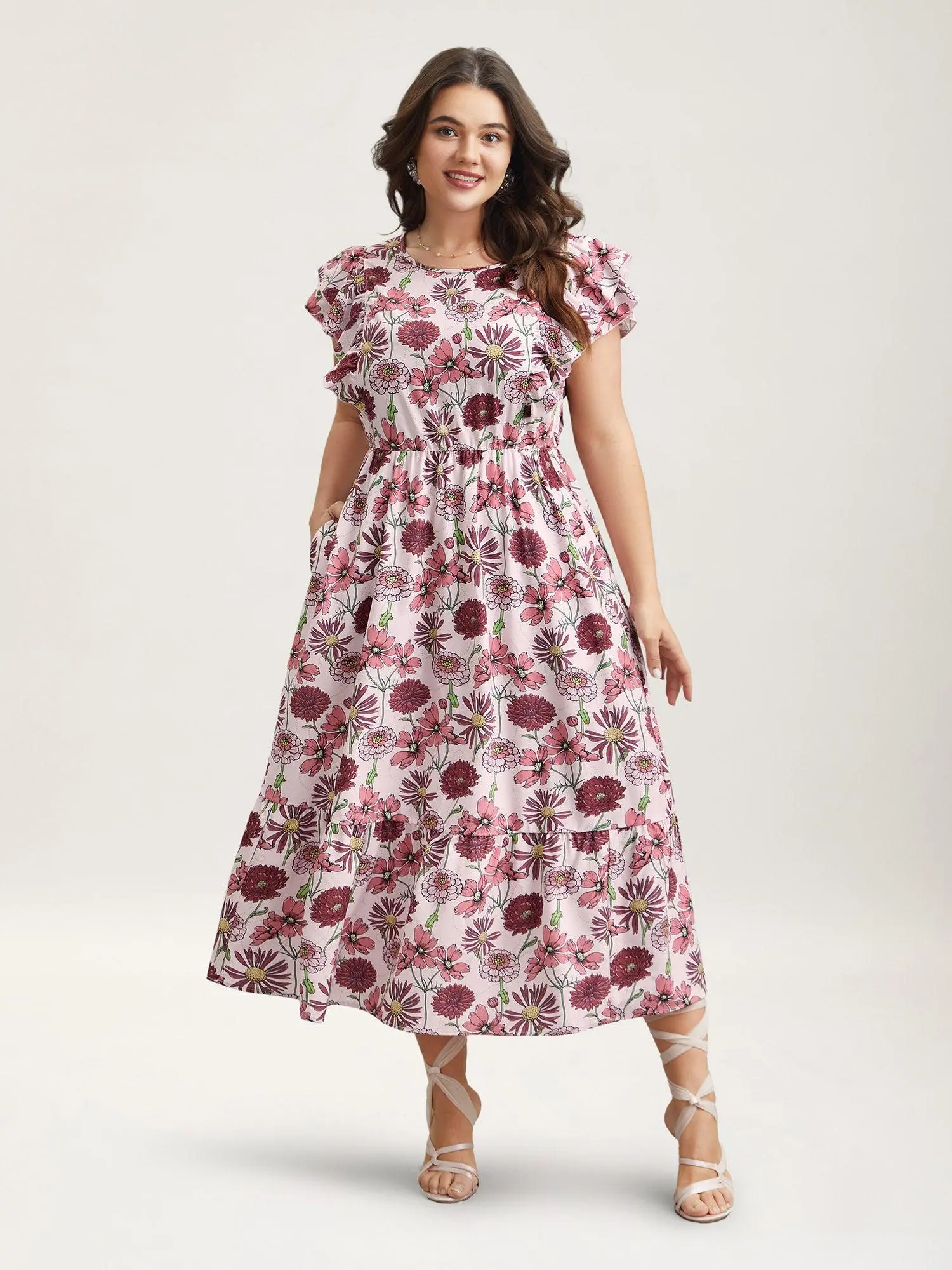 BLOOMCHIC Women's Bohemian Fashion Casual Wear Elegant Polyester-Spandex Blend Ruffle Round Neck Cap Sleeve Stretchy-Waist Pocketed Midi Dress, Summerfinds