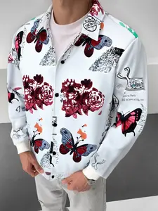 Men's Street Style Jacket with Colorful Butterfly & Rose Print, Durable All-Season Outerwear, Fashion Essential for Casual or Formal Wear