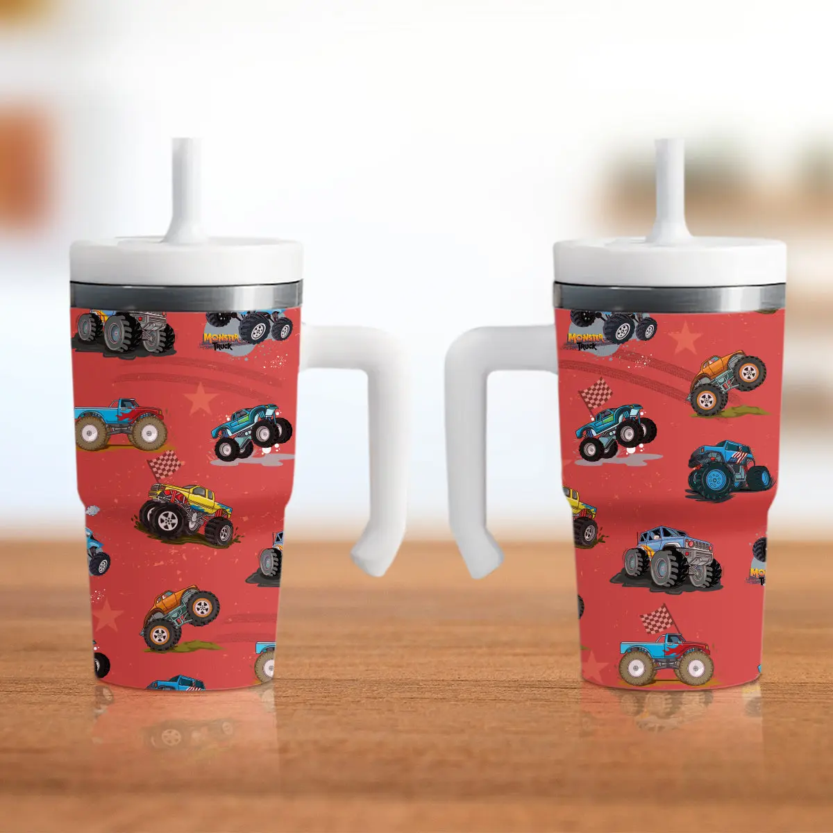 Red Monster Truck Spill-Proof 20oz Tumbler with Double-Walled Stainless Steel Construction & Kid-Friendly Silicone Straw for Worry-Free Hydration