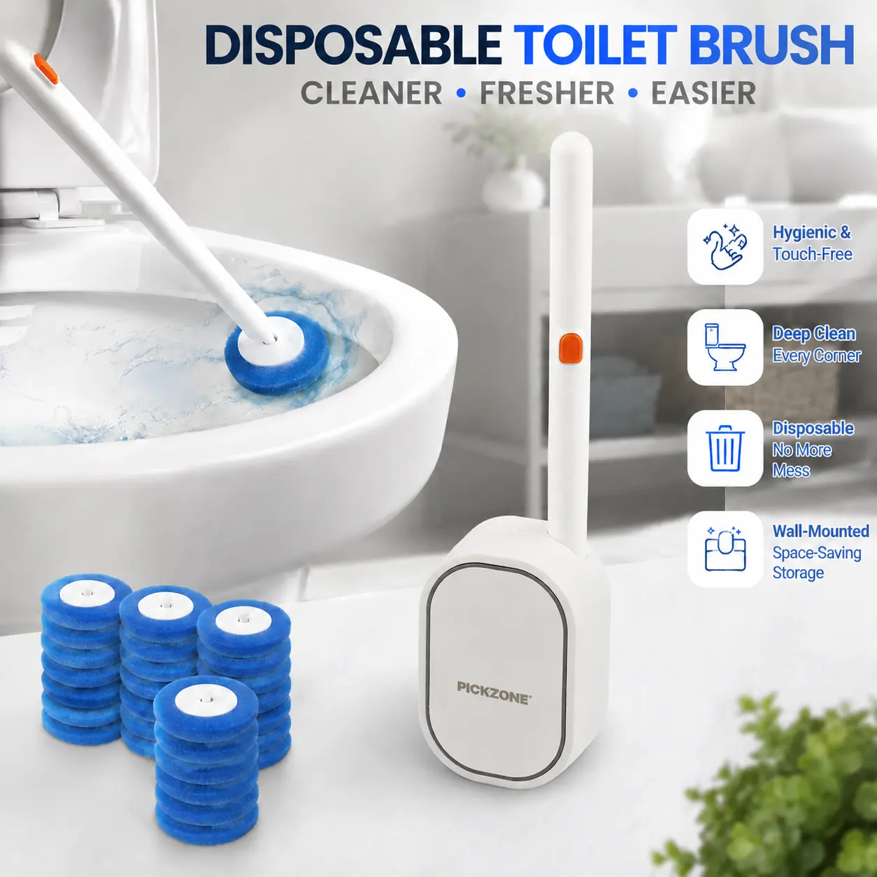 PICKZONE Wall Mounted Toilet Brush Set, Disposable Toilet Brush Toilet Bowl WandHolder Set with 12/24PCS Cleaner Refills, GeneralBathroom Cleaner Restroom Home,House Cleaning Tools, Toilet Cleaning System