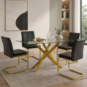 51.18 Inch Golden Rectangular Tempered Glass Dining Table, Modern Clear Kitchen Table with Adjustable Leveling Feet, Golden Metal Legs Dinner Table for Living Room Dining Room Home Decor