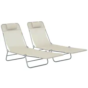 2 Piece Folding Chaise Lounge Chairs – Cream White, Set of 2. 5-Position Reclining Back. Breathable Mesh Seat – Quick Drying. Includes Headrest. Lightweight & Foldable