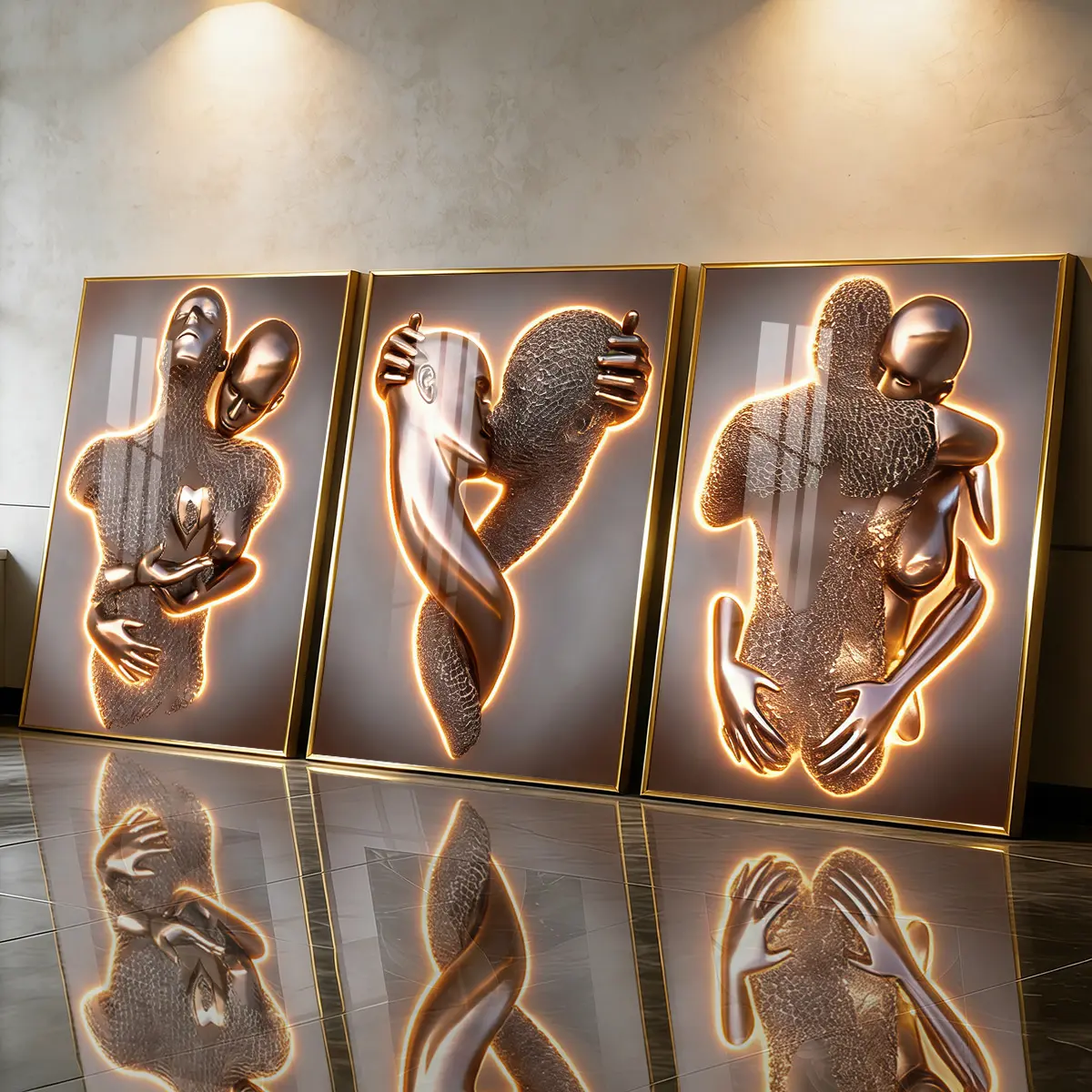 3Pcs Aluminum Alloy Framed Painting, Abstract Metallic Couple Embrace Picture, Modern Art Design, Modern Home Decor, Home Decor for Living Room, Bedroom, Office, Odorless Print Artwork, Decorative Artwork, Luxury Gift For Friends And Family