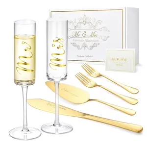 Wedding Cake  and Server Set, Bride and Groom Mr and Mrs Champagne Flutes & Forks with Giftable Box, Cake  Set for Wedding Engagement Bridal Shower Gifts