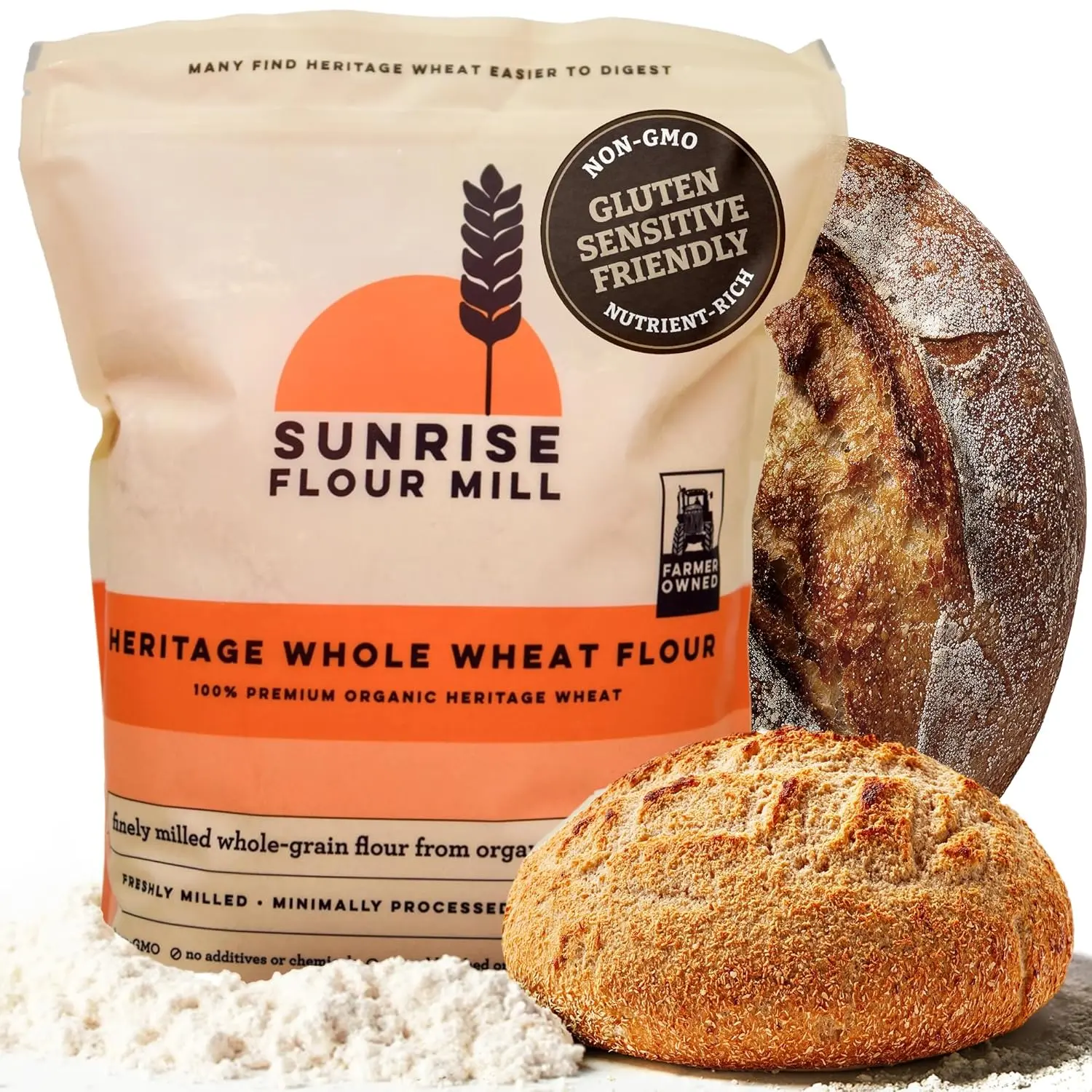 Sunrise Flour Mill Organic Heritage Whole Wheat Flour - 2 lbs | Easier to Digest with Less Bloating | No Bleaching or Bromating | Zero Additives