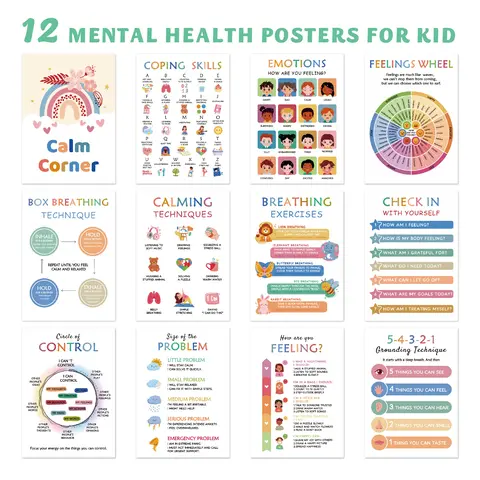 12-Piece Vibrant Calming Corner Posters, 14in x 10in Classroom Decorations for Toddlers - Feelings Wheel Chart, Coping Skills Educational Wall Art, Calming Strategies, Breathing Exercises Office Stationery Christmas Gift