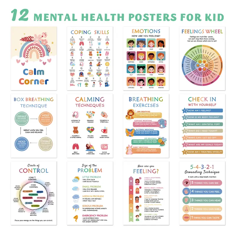 12-Piece Vibrant Calming Corner Posters, 14in x 10in Classroom Decorations for Toddlers - Feelings Wheel Chart, Coping Skills Educational Wall Art, Calming Strategies, Breathing Exercises Office Stationery Christmas Gift