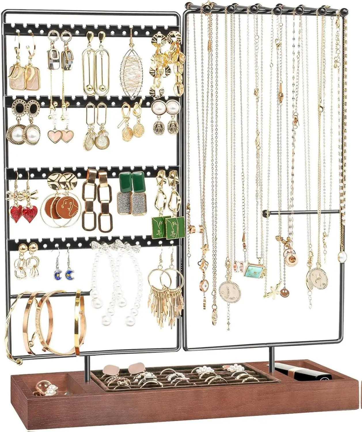 Jewelry Organizer Stand Earring Holder Organizer, 6 Tiers Earring Organizer Tree Necklace Rack Jewellery Tower Bracelets Holder Storage with Removable Wooden Ring Tray for Women Girls -Black