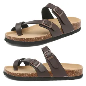 Womens Comfort Sandals Cork Footbed Sandals Open Toe Slides Adjustable Buckle Beach Summer Flat Sandals