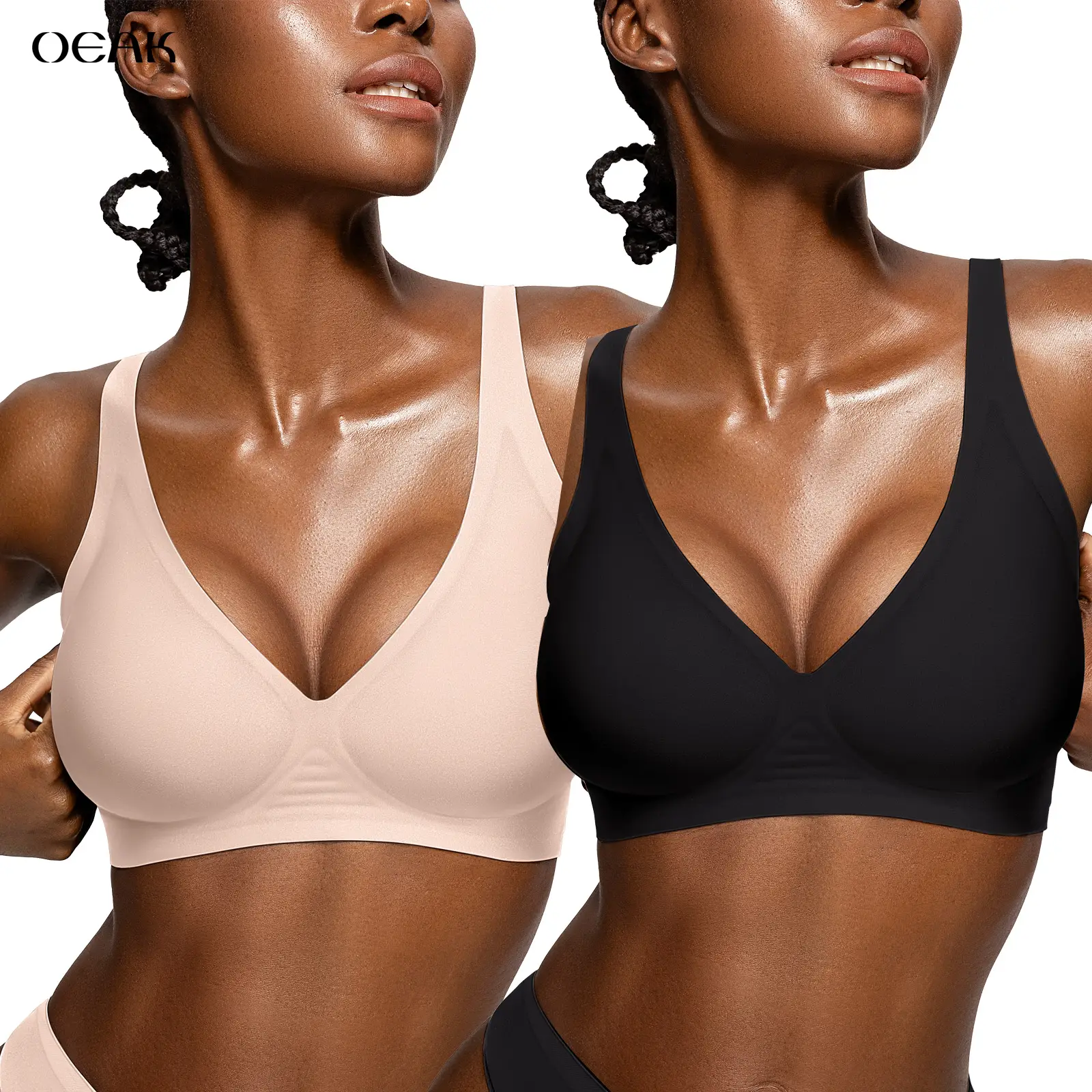 OEAK 2PCS Womens Comfortable Wireless Bras Push Up Bralettes Seamless Tshirts Bras Deep V Everyday Bras