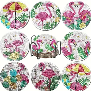 8-piece/kit diamond art painting coaster with stand, DIY flamingo pattern diamond art coaster, adult and beginner-friendly diamond painting kit, diamond art craft supplies, exquisite gift for friends, Diamond Art Tools
