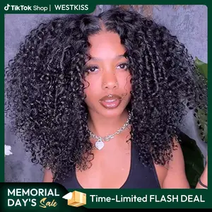 West Kiss Short Kinky Curly Ready Go Glueless Wigs Pre Cut Pre Bleached 7x4 Closure Wig 250% Density Human Hair Wig Pre Plucked 13x4 Lace Front Wigs tiktokshopmemorialday