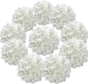 Silk Hydrangea Heads Artificial Flowers Heads with Stems for Home Wedding Decor,Pack of 10 (White)