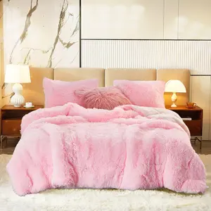 Luxury Faux Fur Shaggy Comforter Set Full/Queen Size, Plush & Sherpa Reversible Pink Comforter, 3 Pieces Fluffy Fuzzy Bedding Set Ultra Soft and Warm for Winter (1 Comforter + 2 Pillowcases)