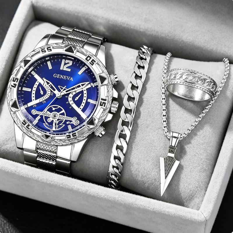 Viral 4-Piece Men’s Silver Kit | Blue Dial Watch + Cuban Bracelet & Ring Viral 4-Piece Men’s Silver Kit | Blue Dial Watch + Cuban Bracelet & Ring