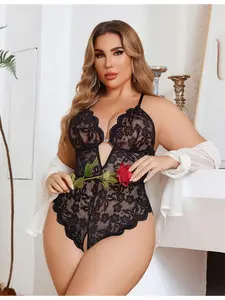 Women's Heart Decor Contrast Lace Sexy Elegant Lady Lingerie Bodysuit, Sexy Hollow Out Flower Decor Crotchless Cami Lingerie Bodysuit, Women's Lingerie for All Seasons