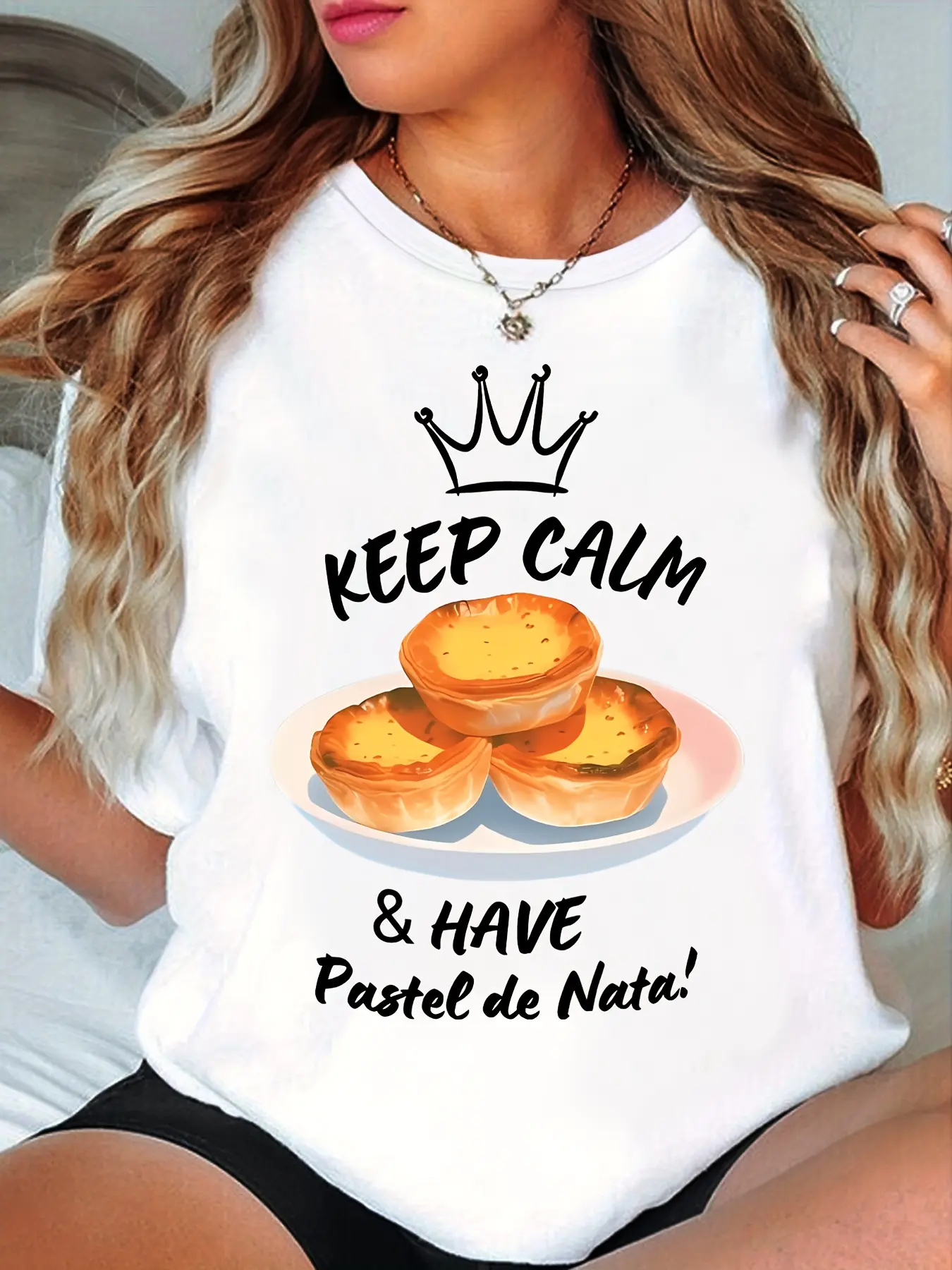 Women's Casual Summer T-Shirt - Portuguese Pastel de Nata Graphic Print with Keep Calm & Have Pastries Slogan, Breathable Round Neck Tee for Travel Souvenir & Casual Attire, Ladies T Shirts, Vacation Style, Fun Design, Soft1