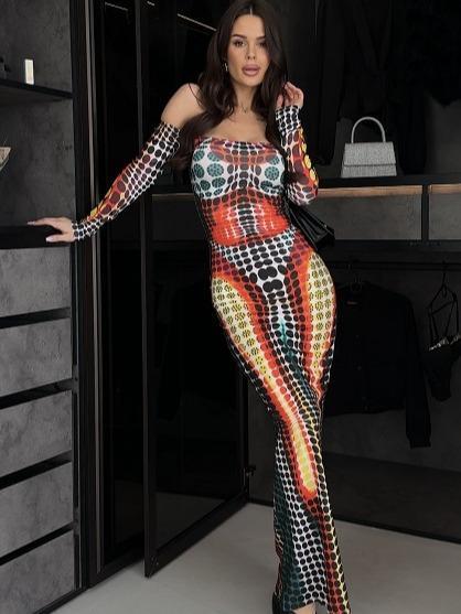 Off-shoulder Printed bodycon Dress Casual Comfort Womenswear Lady Casual Long Sleeve Maxi DRESS