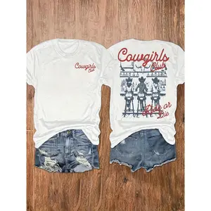 Women's Short Sleeve Graphic Tee With 'Cowgirls Club Ride Or Die' Retro Bar Print, Front & Back Design, Western Cowgirl Casual T-Shirt For Women's Western Cowgirl Club Graphic Tee - Casual Crew Neck Short Sleeve T-Shirt