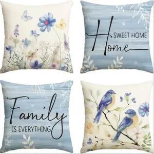 4pcs,  Spring Themed Throw Pillow Covers, Blue Flowers, Butterfly and Bird Patterns, Home Sweet Design, Suitable Spring Living Room, Bedroom, Sofa and Bed Decoration, 2D Flat, Single Sided Printing, No Pillow Core