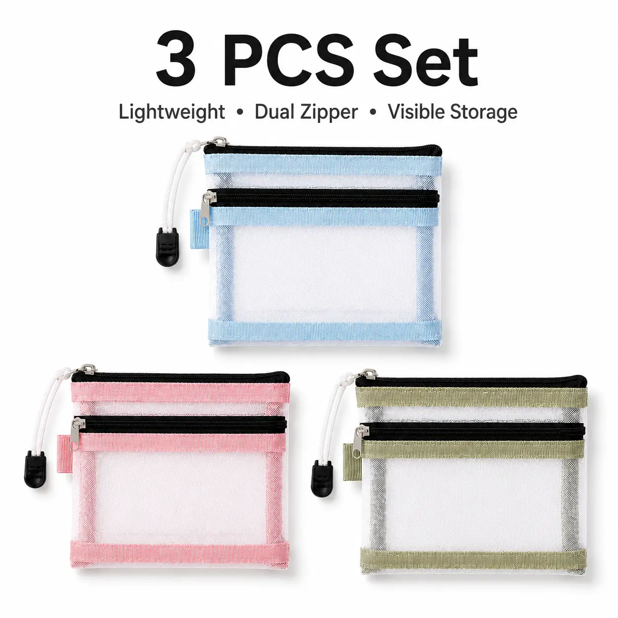 3PCS Double-Layer Mesh Document Pouches | Portable Zipper Travel Organizers with Clear Card Holders for Passports, IDs, Bank Cards, Certificates & Everyday Storage