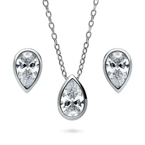 BERRICLE Sterling Silver Solitaire Necklace and Earrings Set for Women, 0.8 Carat/1.6 Carat Bezel Set Pear Cut Cubic Zirconia CZ
