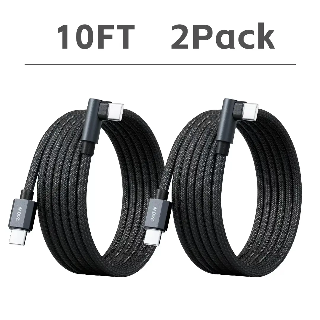 OOI 240W 90-Degree Right Angle to Straight USB-C to USB-C Cable 2-Pack (10FT), PD Fast Charging Cable for Gaming, Car, Laptop, Compatible with iPhone 15/16/17, Samsung Galaxy S Series, Pixel, iPad